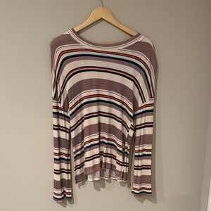 Striped Long-Sleeve Lightweight Top in Mauve and Cream bell sleeve